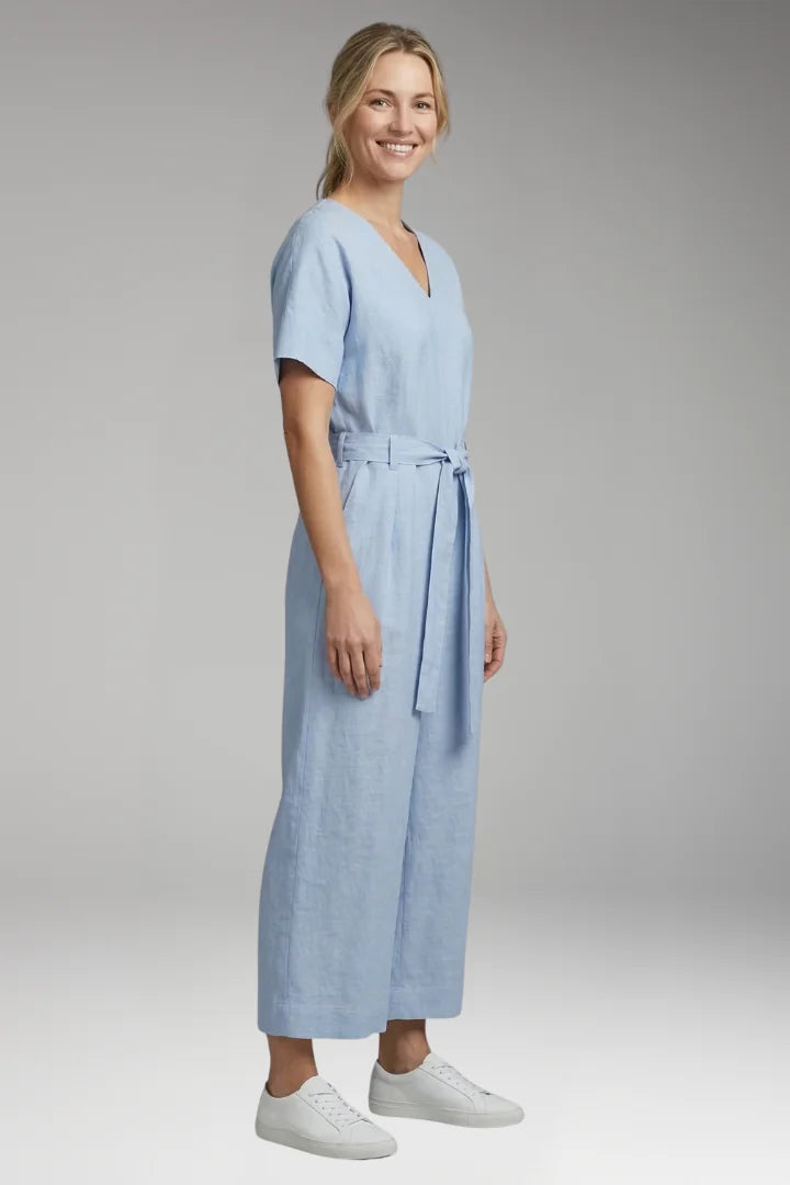 M Women's V-Neck Wide-Leg Jumpsuit — Severine Relaxed Tie-Waist Cropped - Side Pose