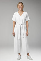 S Women's V-Neck Wide-Leg Jumpsuit — Severine Relaxed Tie-Waist Cropped - Front Plain