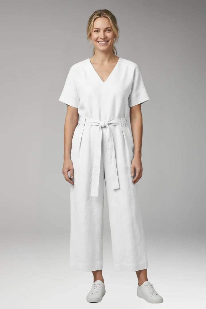 S Women's V-Neck Wide-Leg Jumpsuit — Severine Relaxed Tie-Waist Cropped - Front Plain