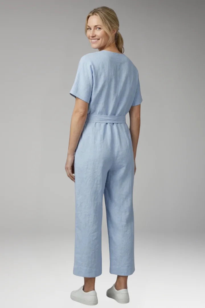 Xl Women's V-Neck Wide-Leg Jumpsuit — Severine Relaxed Tie-Waist Cropped - Back View