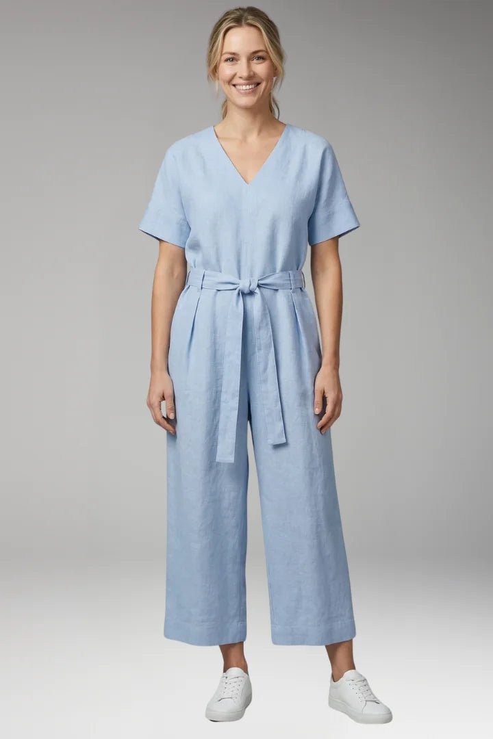 2Xl Women's V-Neck Wide-Leg Jumpsuit — Severine Relaxed Tie-Waist Cropped - Front Full