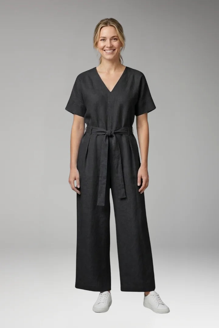 4Xl Women's V-Neck Wide-Leg Jumpsuit — Severine Relaxed Tie-Waist Cropped - Front Pose