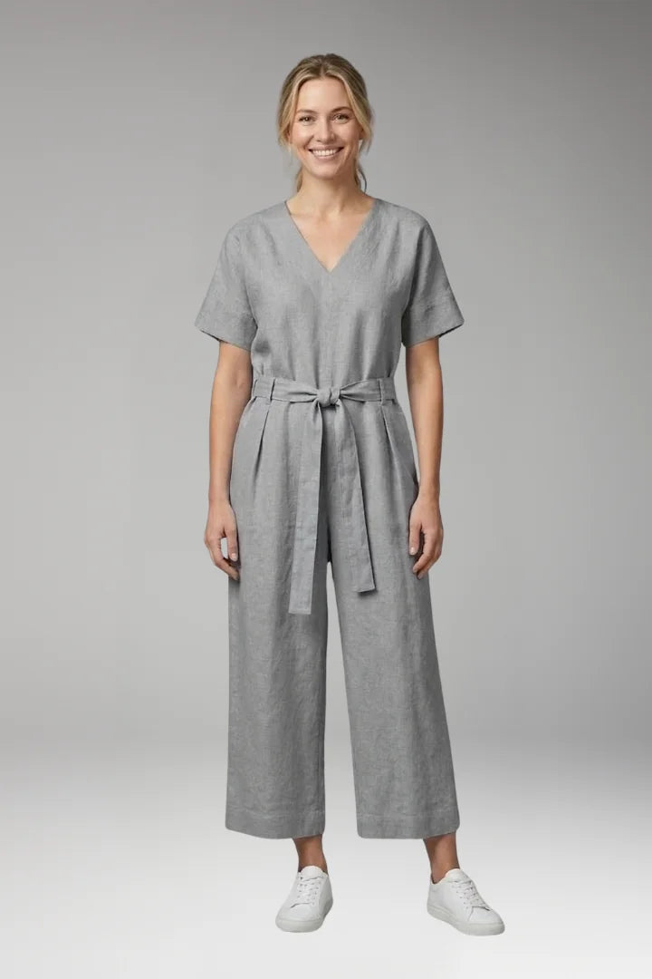 5Xl Women's V-Neck Wide-Leg Jumpsuit — Severine Relaxed Tie-Waist Cropped - Front Standing