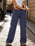 Blue Purple Women's Wide-Leg Cargo Pants with Relaxed Fit & Adjustable Waist - Side Pose Pulling Waist
