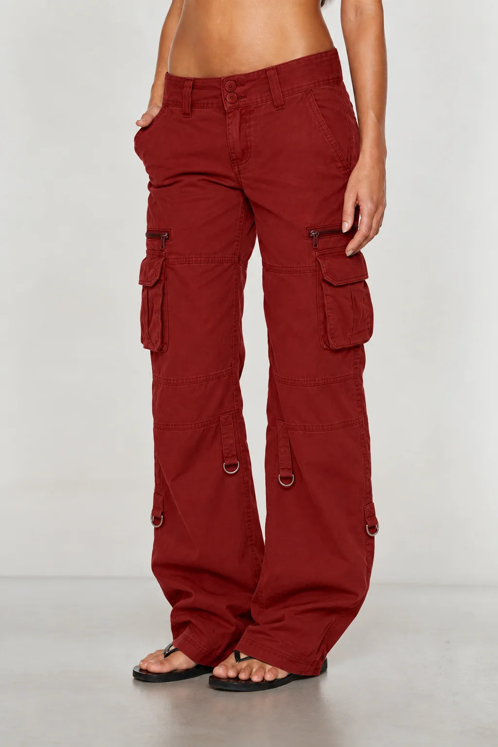 Burgundy Women's Wide-Leg Cargo Pants with Relaxed Fit & Adjustable Waist - Side Close Studio