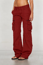 Burgundy Women's Wide-Leg Cargo Pants with Relaxed Fit & Adjustable Waist - Side Close Studio