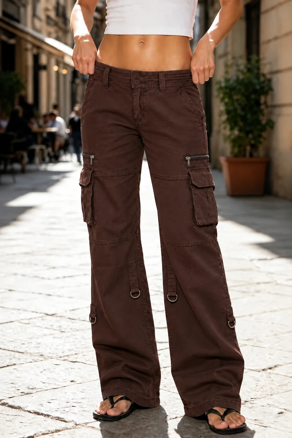 Dark Brown Women's Wide-Leg Cargo Pants with Relaxed Fit & Adjustable Waist - Front Close Waist