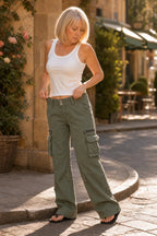 Women's Wide-Leg Cargo Pants with Relaxed Fit & Adjustable Waist - Front Adjusting Waist
