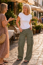 Women's Wide-Leg Cargo Pants with Relaxed Fit & Adjustable Waist - Front Conversation Pose