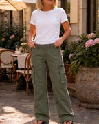 Women's Wide-Leg Cargo Pants with Relaxed Fit & Adjustable Waist - Front Full Standing