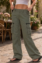 Green Women's Wide-Leg Cargo Pants with Relaxed Fit & Adjustable Waist - Front Full Tied Waist