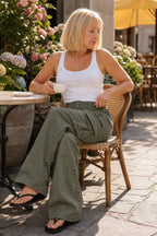 Women's Wide-Leg Cargo Pants with Relaxed Fit & Adjustable Waist - Side Seated Cafe
