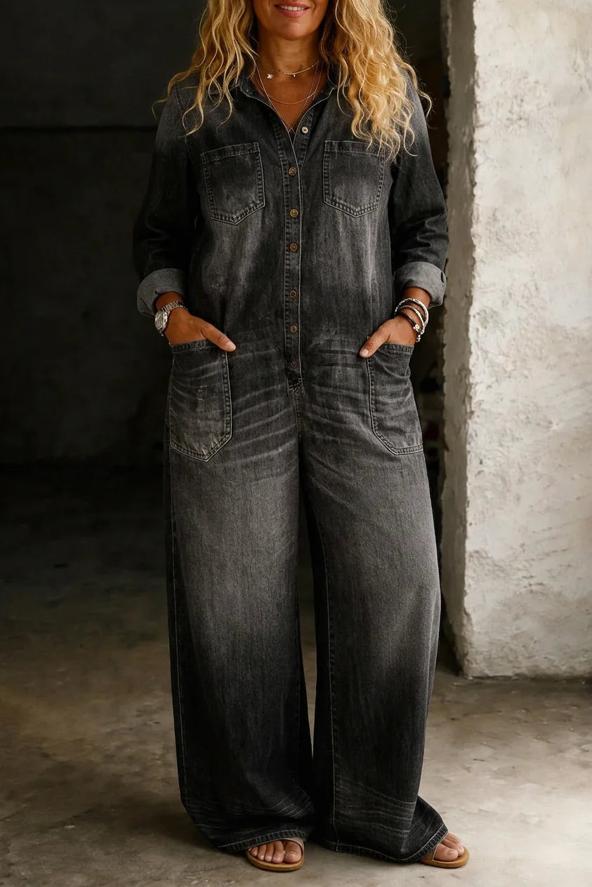 Black Women's Wide-Leg Denim Jumpsuit — Joy Faded-Wash Button-Front Utility - Front Crop Hands Pockets