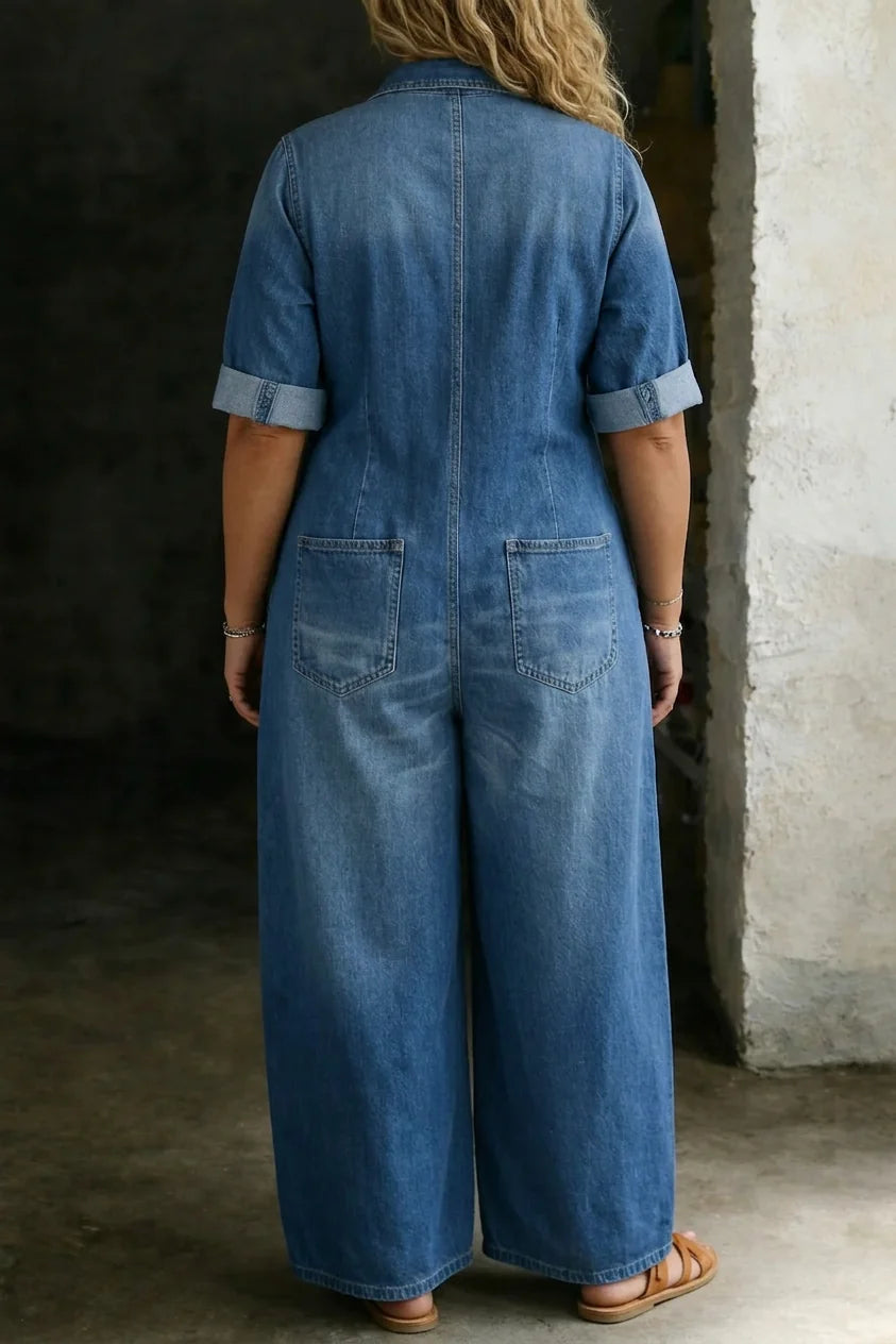 Blue Women's Wide-Leg Denim Jumpsuit — Joy Faded-Wash Button-Front Utility - Back Full