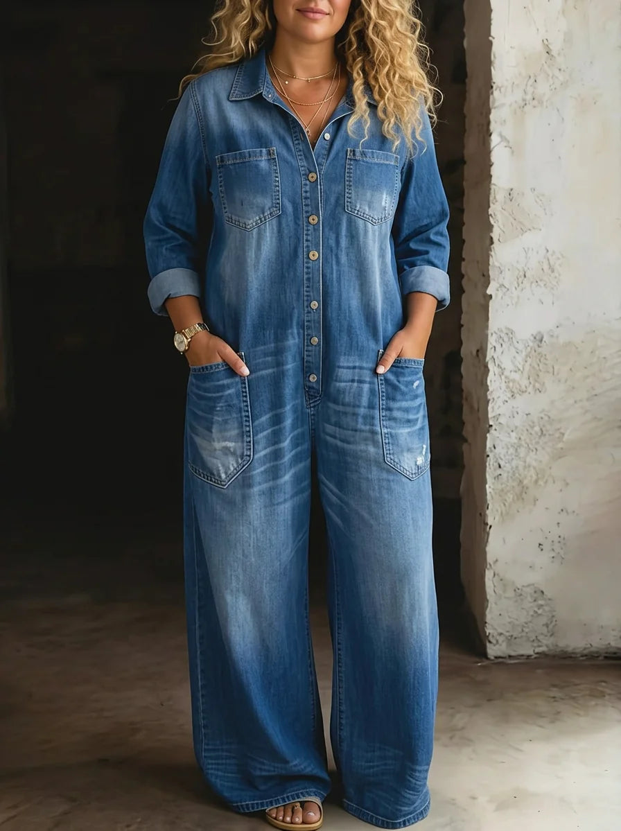 Blue Women's Wide-Leg Denim Jumpsuit — Joy Faded-Wash Button-Front Utility - Front Crop Pockets Detail