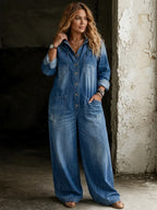 Blue Women's Wide-Leg Denim Jumpsuit — Joy Faded-Wash Button-Front Utility - Front Full