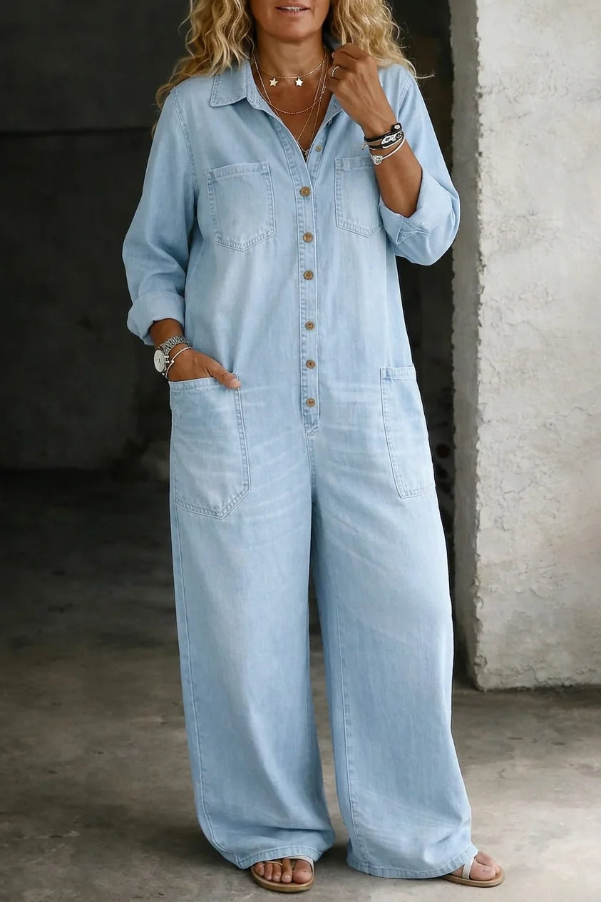 Light Blue Women's Wide-Leg Denim Jumpsuit — Joy Faded-Wash Button-Front Utility - Front Crop Collar Detail