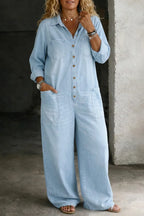 Light Blue Women's Wide-Leg Denim Jumpsuit — Joy Faded-Wash Button-Front Utility - Front Crop Collar Detail