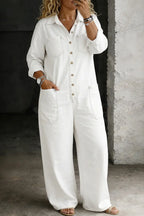 White Women's Wide-Leg Denim Jumpsuit — Joy Faded-Wash Button-Front Utility - Front Crop Phone Pose