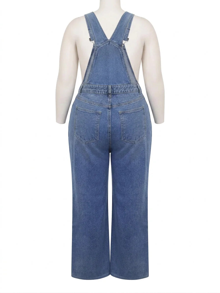 Blue Women's Wide-Leg Denim Overalls — Zelda Relaxed-Fit Adjustable Pockets - Back Mannequin