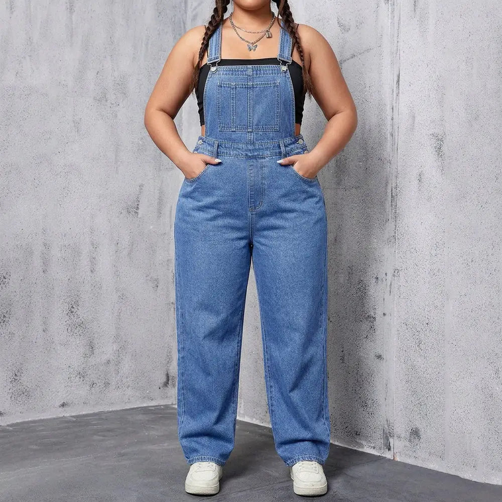 Blue Women's Wide-Leg Denim Overalls — Zelda Relaxed-Fit Adjustable Pockets - Front Cropped