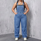 Blue Women's Wide-Leg Denim Overalls — Zelda Relaxed-Fit Adjustable Pockets - Front Cropped