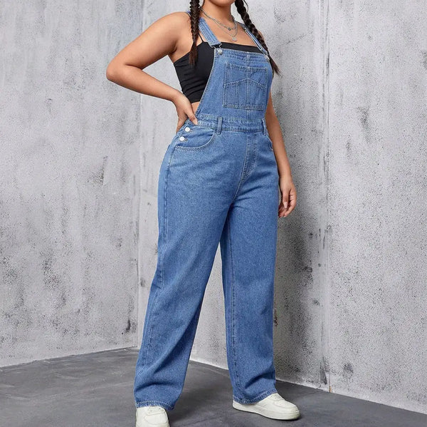 Blue Women's Wide-Leg Denim Overalls — Zelda Relaxed-Fit Adjustable Pockets - Front Pose