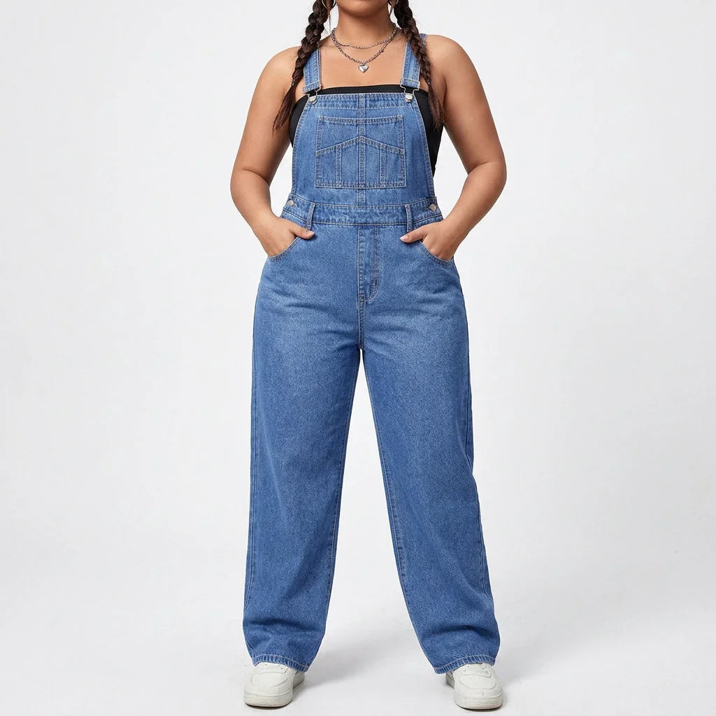Blue Women's Wide-Leg Denim Overalls — Zelda Relaxed-Fit Adjustable Pockets - Front Studio