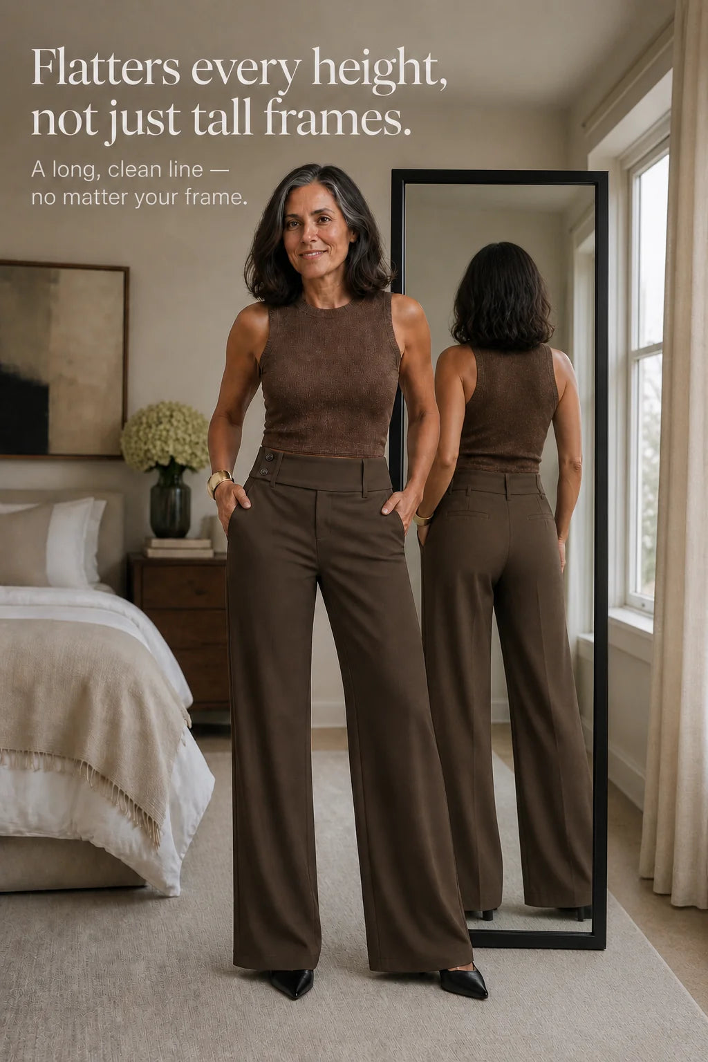 Women's Wide Leg Trousers with High-Waisted Comfort Waistband - Mirror Reflection Pose