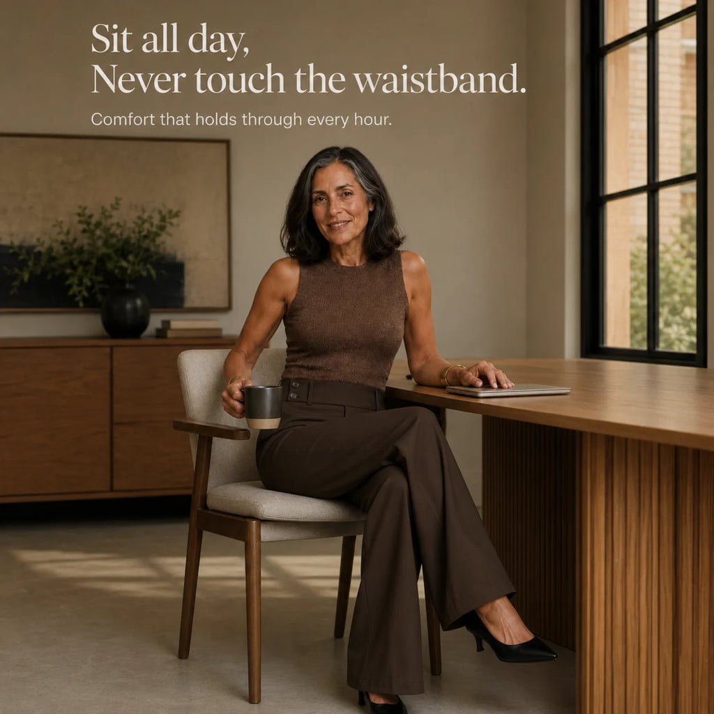 Women's Wide Leg Trousers with High-Waisted Comfort Waistband - Seated Desk