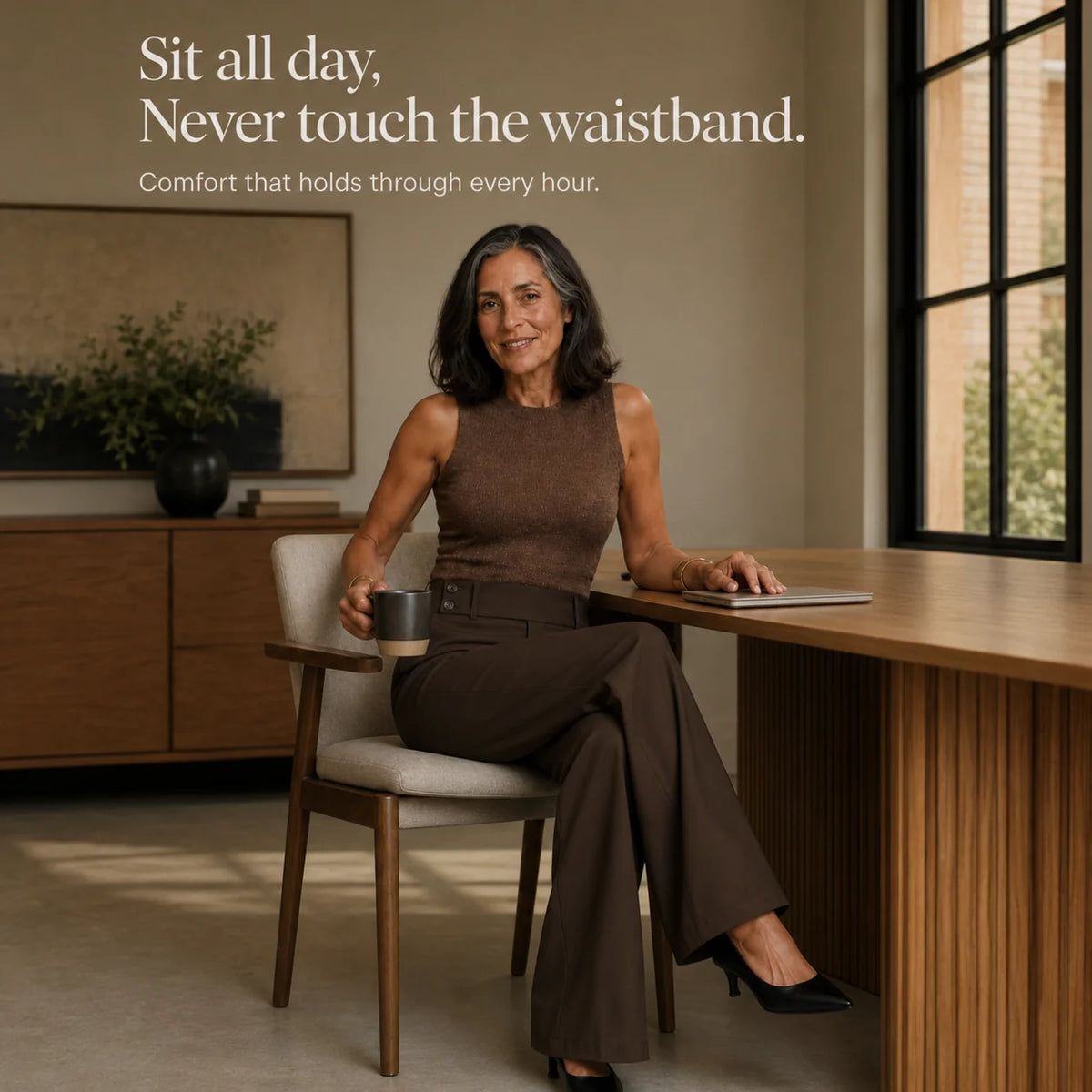 Women's Wide Leg Trousers with High-Waisted Comfort Waistband - Seated Desk