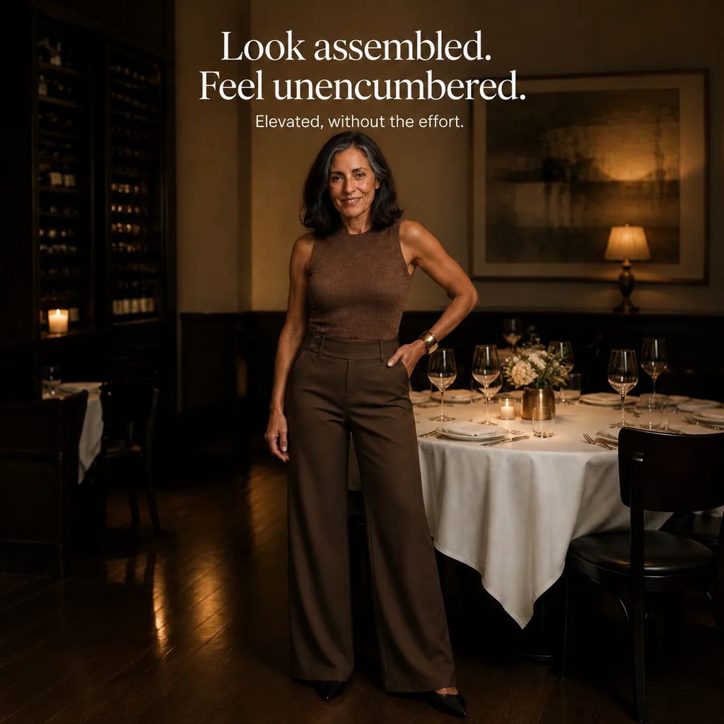 Women's Wide Leg Trousers with High-Waisted Comfort Waistband - Standing Restaurant Pose