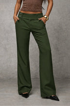 Olive Green Women's Wide Leg Trousers with High-Waisted Comfort Waistband