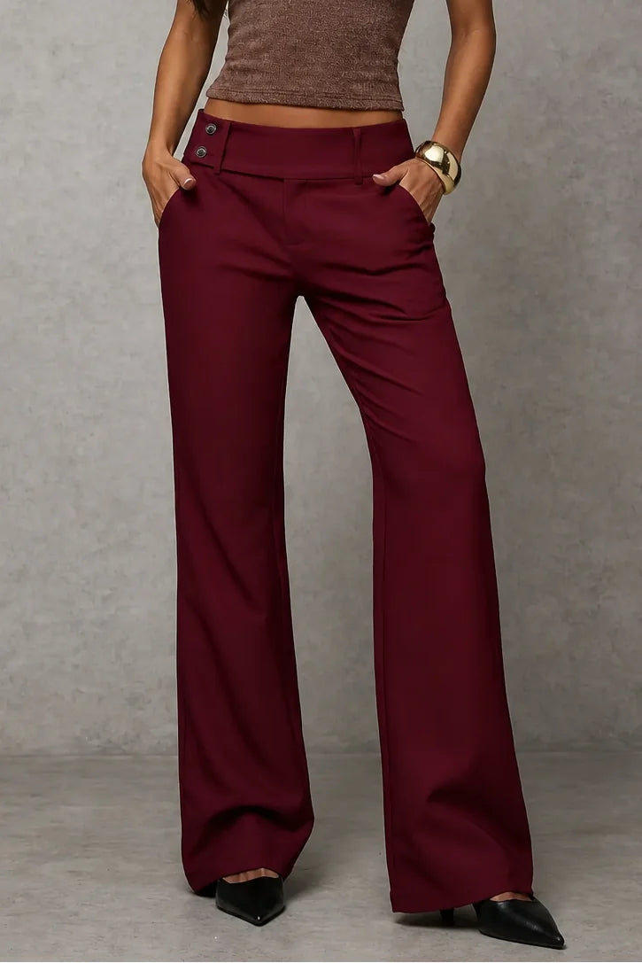 Wine Red Women's Wide Leg Trousers with High-Waisted Comfort Waistband