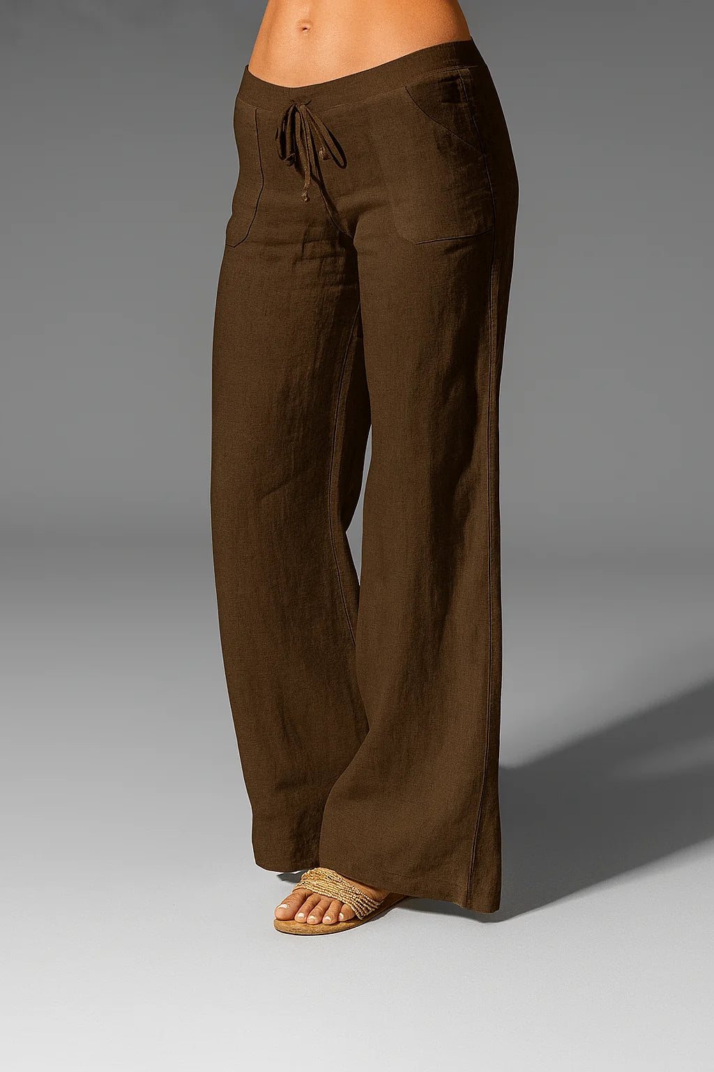 Brown Women's Wide Leg Linen Trousers — Abby Drawstring Breathable - Three Quarter View