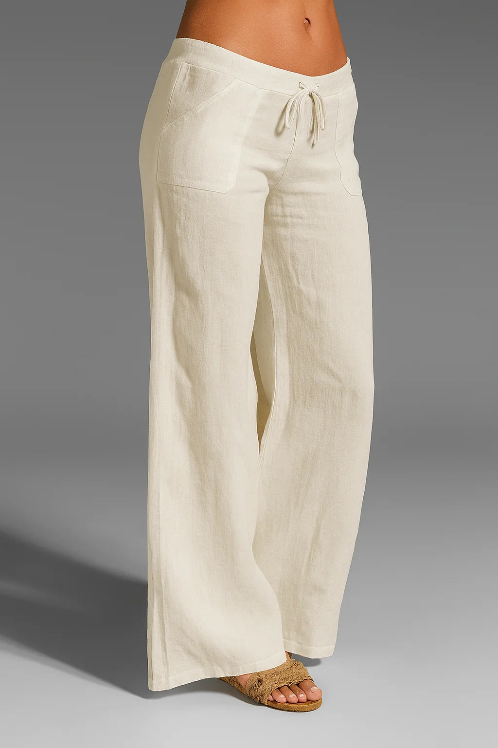 Cream Women's Wide Leg Linen Trousers — Abby Drawstring Breathable - Front Lifestyle