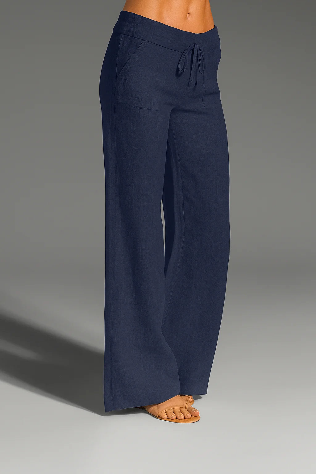 Navy Blue Women's Wide Leg Linen Trousers — Abby Drawstring Breathable - Front Angle