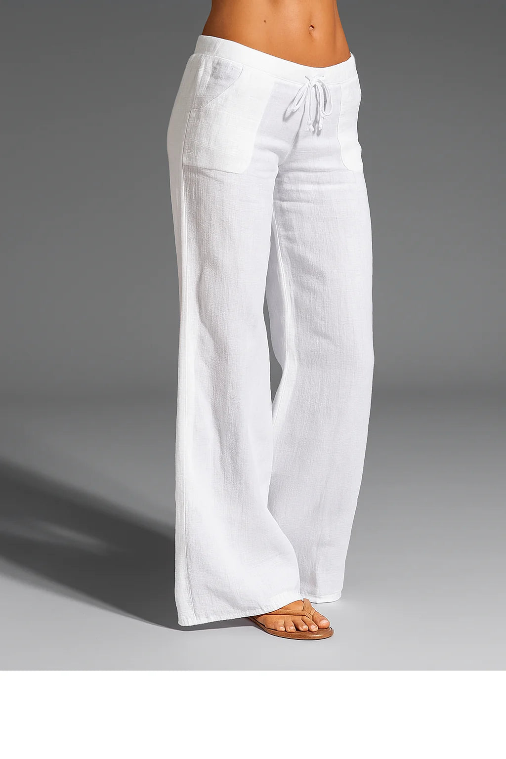 White Women's Wide Leg Linen Trousers — Abby Drawstring Breathable - Front Full