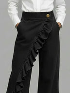 Black Women's Wide Leg Jeans — Melody Asymmetric Ruffle High-Waisted - Close Up Waist Ruffle