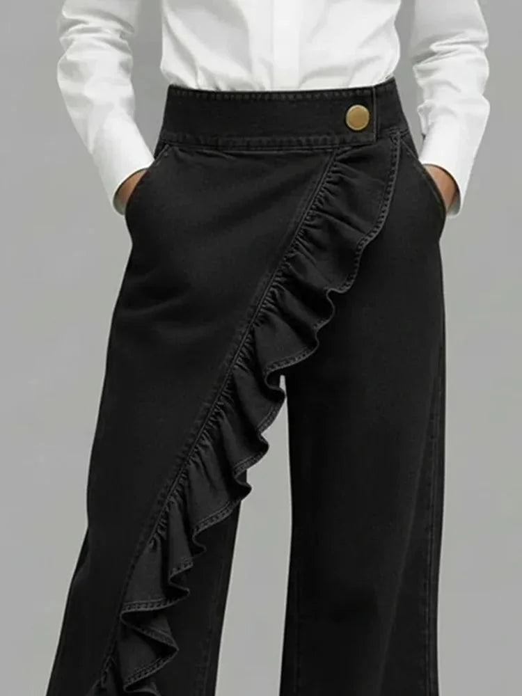 Black Women's Wide Leg Jeans — Melody Asymmetric Ruffle High-Waisted - Close Up Waist Ruffle