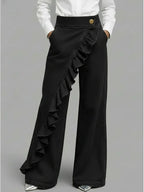 Black Women's Wide Leg Jeans — Melody Asymmetric Ruffle High-Waisted - Front Full Studio