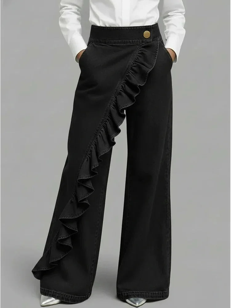 Black Women's Wide Leg Jeans — Melody Asymmetric Ruffle High-Waisted - Front Full Studio