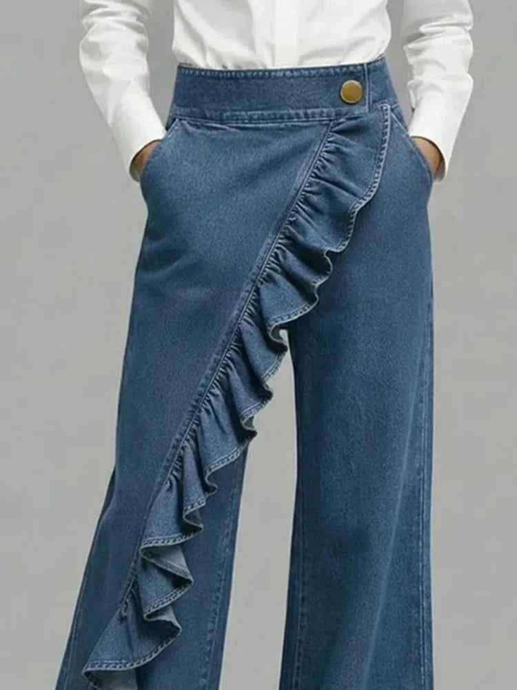 Blue Women's Wide Leg Jeans — Melody Asymmetric Ruffle High-Waisted - Close Up Ruffle Detail