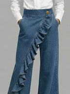 Blue Women's Wide Leg Jeans — Melody Asymmetric Ruffle High-Waisted - Close Up Ruffle Detail