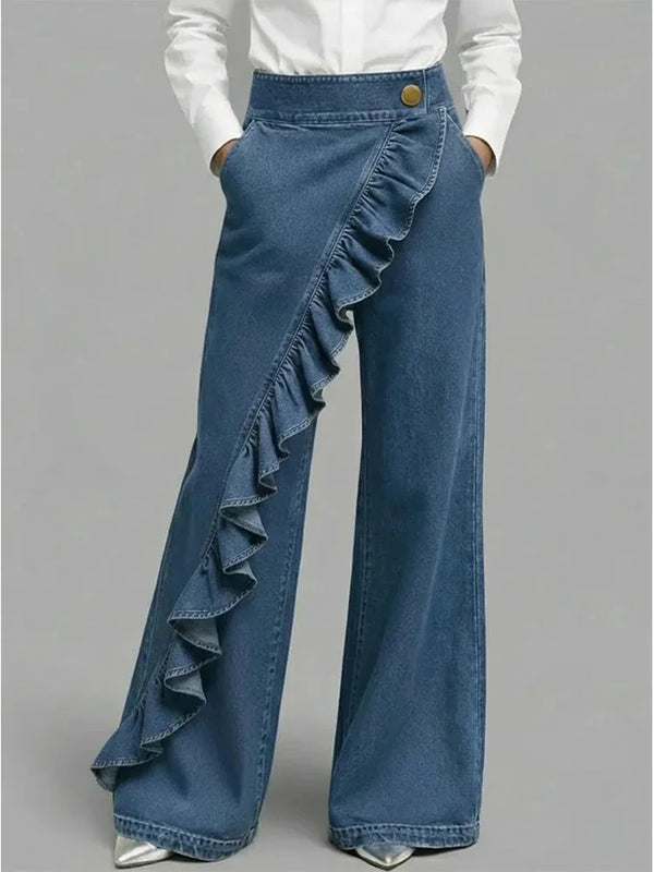 Blue Women's Wide Leg Jeans — Melody Asymmetric Ruffle High-Waisted - Front Full