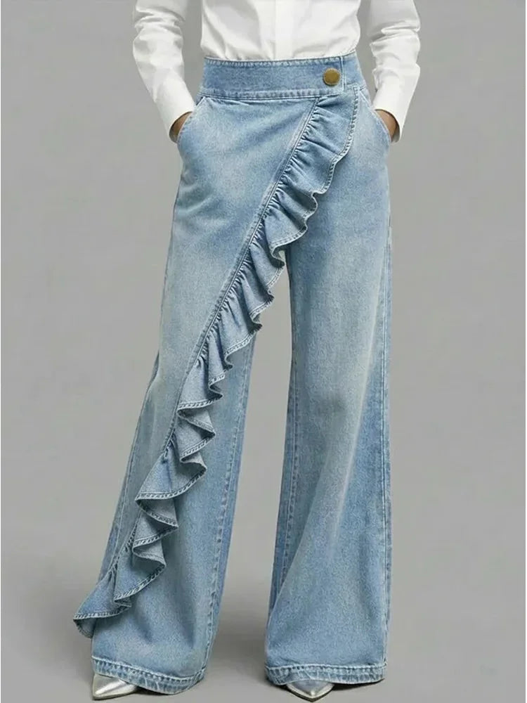 Light Blue Women's Wide Leg Jeans — Melody Asymmetric Ruffle High-Waisted - Front Full Pose
