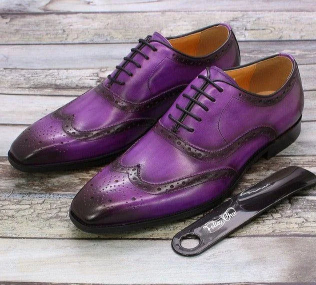 Purple Men's Wingtip Brogue Oxford Shoes — Knox Leather Lace-Up Formal - Front Pair With Shoehorn