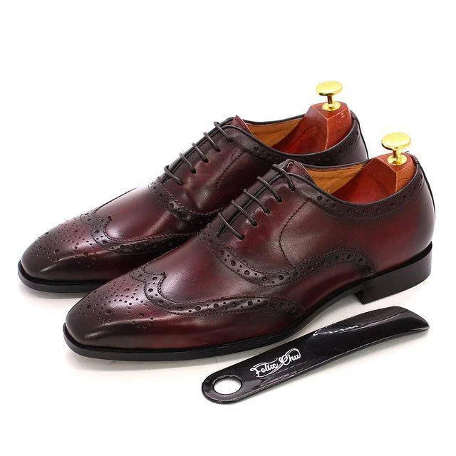 Red Men's Wingtip Brogue Oxford Shoes — Knox Leather Lace-Up Formal - Close Up Brogue Detail