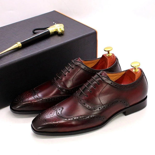 Red Men's Wingtip Brogue Oxford Shoes — Knox Leather Lace-Up Formal - Front Pair With Box
