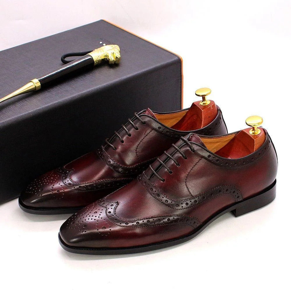 Red Men's Wingtip Brogue Oxford Shoes — Knox Leather Lace-Up Formal - Front Pair With Box